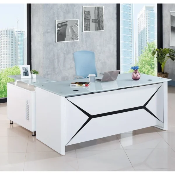 烤漆白色6尺強玻辦公桌組